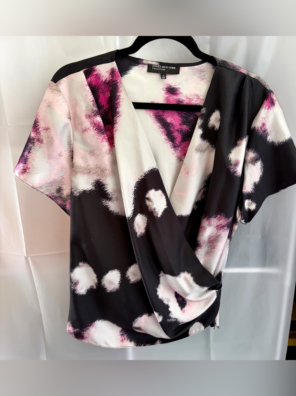 Jones New York Black, White & Magenta Abstract Faux-Wrap Silk Blouse